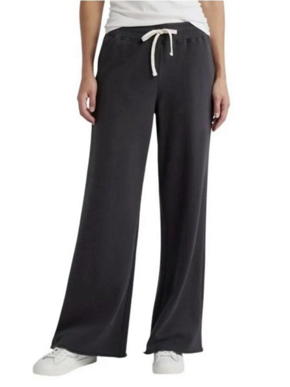 Marine Layer Wide Leg Fleece Sweatpants Faded Black Raw Hem Drawstring Pants XS